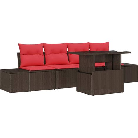 Sofa Set mit Kissen 5 pcs Braun und Rot Poly-Rattan vidaXL