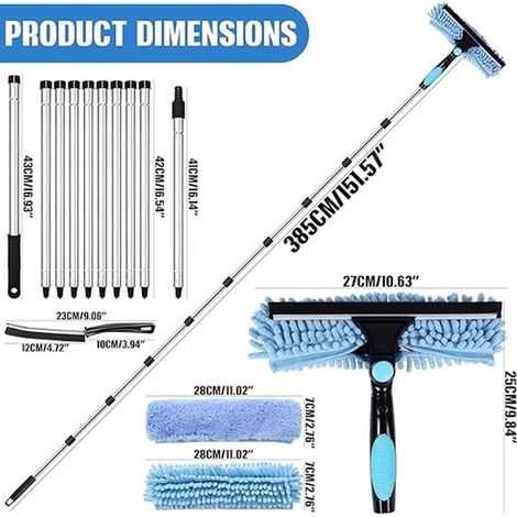 Kit de nettoyage de vitres avec perche télescopique de 3,85 m – Raclette en caoutchouc 2 en 1 et chiffon en microfibre – 10 tiges en acier inoxydable – Brosse pour les interstices – Pour les fenêtres 