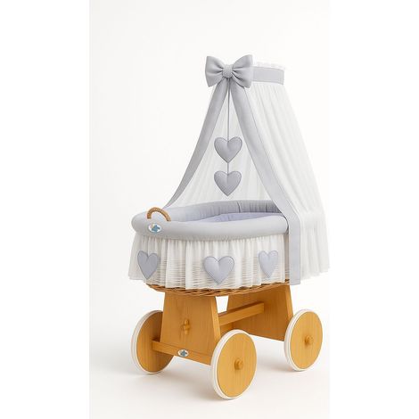 Culla in vimini Amelia con baldacchino - Biancheria da letto naturale e grigia (1/4)