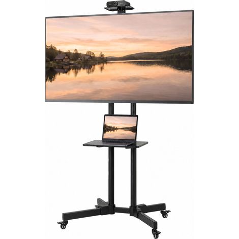 Meuble TV à roulettes pour téléviseurs de 32 à 75 pouces, réglable en hauteur, inclinable à ±15° et doté de 2 plateaux, noir. (1/5)