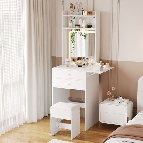 Tocador con Espejo, LED de 3 Temperaturas, 2 Cajones y 2 Nichos, Tablero Abatible, Dormitorio, 75 × 45 × 156 cm (1/5)