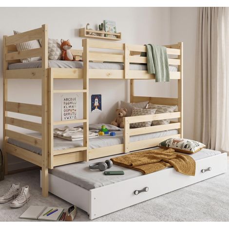 Lit superposé 3 places ERIC 90x200 cm + lit tiroir 80x190 cm Interbeds - Bois massif de pin - Pin naturel (1/5)