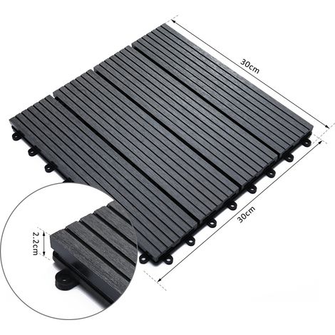 Ensemble de 11 dalles d'extérieur antidérapantes et emboîtables en PEHD recyclé, 30x30x2,2 cm, grises. (1/5)
