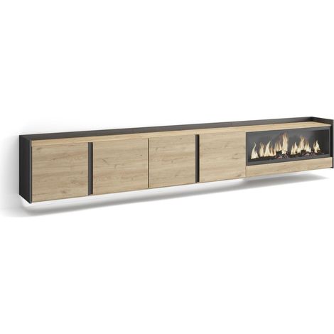 Skraut Home - Meuble TV, Banc Télé, Grand espace de Rangement, 315x35x50cm, Pour les TV jusqu'à 80", Cheminée électrique XXL, Suspendu, Mural, LED, Style moderne, Chêne et noir (1/5)