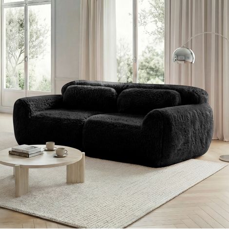 Canapé modulaire 2 places en tissu peluche noir, design sans cadre, prêt à l'emploi avec coussins (1/5)