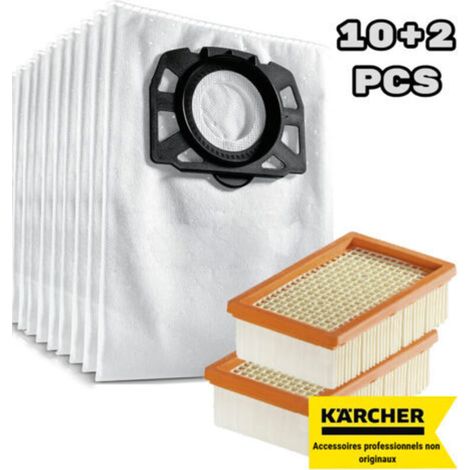 Convient pour Kärcher WD 4, WD 5, WD 6, WD 4290 / 5200 M / 5300 M / 5600 MP Sac filtre à peluches + filtre plat plissé (pack de 10+2)