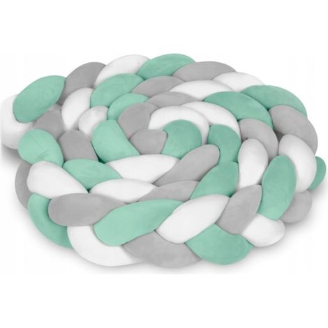 Geflochtener Seitenschutz für Kinderbetten, Mint/Grau/Weiß, 2 Meter, aus Plüschmaterial mit antiallergischer Füllung, multifunktional, waschbar (1/5)