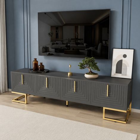 Mueble TV, 170x40x45.5 cm, con 4 puertas, estantes interiores, patas doradas, tablero aglomerado gris (1/5)