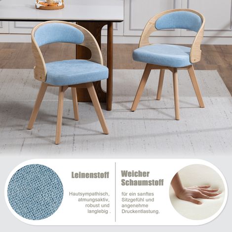 Lot de 2 fauteuils de cuisine pivotants en bois moderne, dossier courbé, assise rembourrée coton-lin, chaises design pour salle à manger, café ou salon (Lin Bleu)