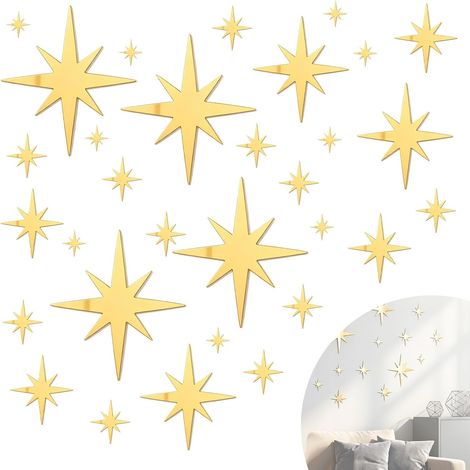 Miroir Etoile, 82pcs Autocollants Mural en Acrylique 3D, Miroirs Amovibles Décoratifs en Forme d'Étoile, Stickers Muraux pour la Décoration de Chambre, Salon et Espaces Enfants (Doré) (1/5)