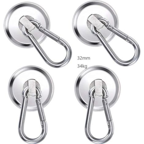 Crochets Magnétiques,32mm Crochet Aimanté Néodyme, 4PCS Aimant Crochet Puissant, 34kg Aimants mousquetons Super Forts pour Cuisine Casiers de Bureau Aimant de Réfrigérateur (1/4)