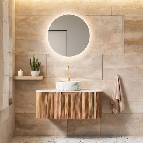 Meuble vasque suspendu 91 cm céramique et pierre frittée blanc (1/5)