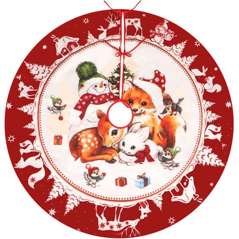 Jupes d'arbre de Noël, Tapis d'arbre de Noël Rouge Décorations, Lapin Renard Cerf Bonhomme de Neige pour Décoration du Nouvel an, Ornements de Fête de Vacances, 48 Pouce Dia (1/5)