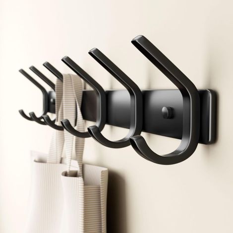 Toallero de pared, metal negro mate, 38 cm, seis ganchos
