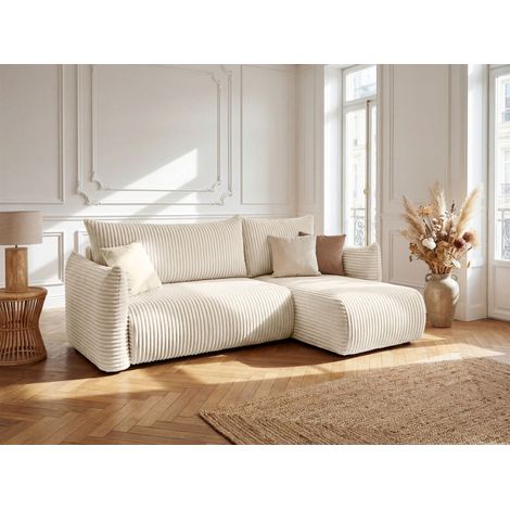 Ecksofa Schlafsofa MAILAND XS in Stoff Tilia Ecru Ottomane Rechts