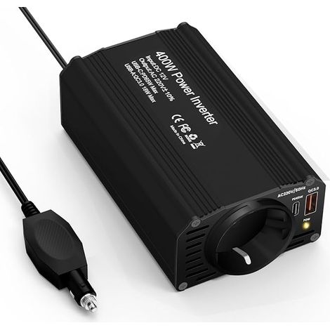 400W Car Power Inverter Converter 12V 220V Pure Sine, with PD65W USB-C QC3.0 USB-A And 1 Socket, Supports Fast Charging And Has Integrated Cigarette Lighter Interface (1/5)