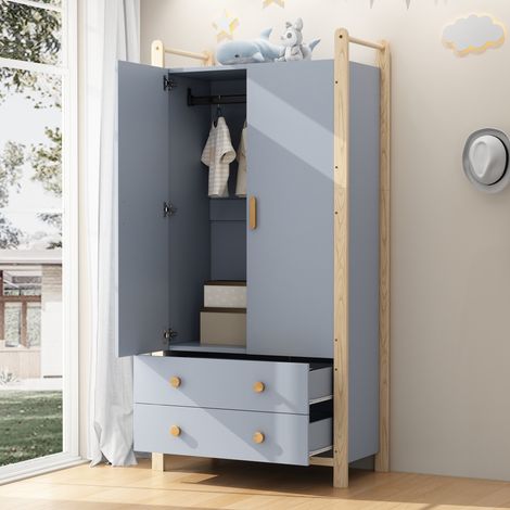 Armoire 2 Portes avec Penderie et 2 Tiroirs 90x45x180 cm - Meuble de Rangement Bleu et Pin pour Chambre, Salon et Couloir