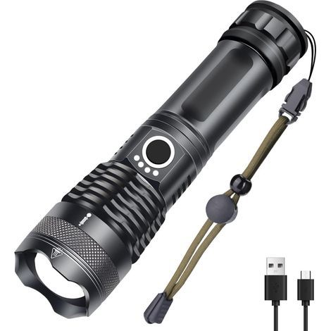 Torcia LED XHP50 extra potente da 1000 lumen ricaricabile tramite USB, 5 modalità, impermeabile IP65, zoom militare, ideale per campeggio ed escursionismo (batteria ricaricabile 18650 inclusa).