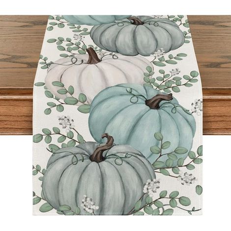 Runner da tavola autunnale, runner da tavola moderno in lino con zucche, tovaglia blu lavabile per decorazioni di tavoli da pranzo interni ed esterni, decorazioni per il Ringraziamento, Halloween, 33x (1/5)