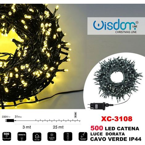 Wisdom - Catena Luminosa 500 Luci Led Lucciole Luce Dorata Cavo Verde Ip44 Xc-3108 -