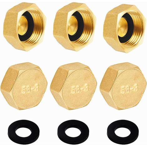 Bouchons laiton brut 6 pièces, raccord femelle 15/21 (1/2"), obturateurs filetés en laiton massif, avec rondelles de support pour tuyaux, adaptés chauffage et eau potable (1/5)