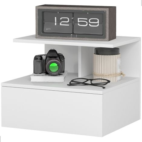 Table de chevet ou d'appoint murale avec tiroir et compartiment de rangement ouvert – convient comme table de chevet ou bout de canapé dans la chambre et le salon – blanc (1/5)