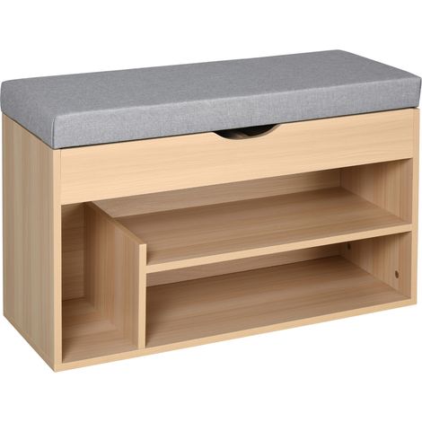 Meuble Chaussures Banc à Chaussures 2 Niveaux Rangement, Niche + Coffre intégré avec Coussin Beige Gris (1/5)