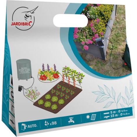 Jardibric – Kit d'arrosage goutte à goutte avec pompe solaire programmable – Débit 26 L/h – Aspiration max 2m – Tuyaux 5m et 15m inclus