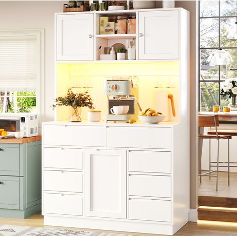 MEUBLIV Credenza alta da cucina bianca 120x40x183,5 cm con LED smart e 8 cassetti (1/5)