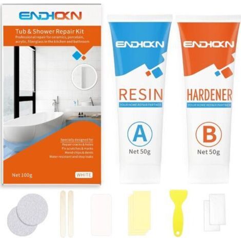 Kit Réparation Baignoire Acrylique Blanc, Email Porcelaine Kit de Réparation Baignoire Lavabo Carrelage Receveur de Douche Resine Réparation des Fissures Perforations Éraflures (100g)