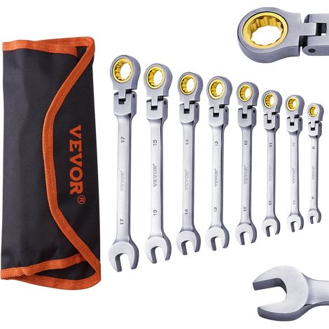 Jeu de Clés à Cliquet à Tête Flexible 8PCs, Clés à Cliquet Métrique 8-17 mm, Ensemble de Clés en Acier Cr-V, avec Pochette Enroulable, pour Travaux Ménagers, Réparations Auto, Garage, Atelier (1/5)