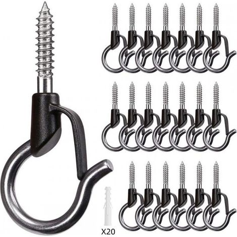 Lot de 20pcs 5.3cmNoir Crochet à Visser pour Lumière de Noël, Plantes Suspendues Dans le Jardin, Fil de Fer, Tasses, Ustensiles de Cuisine avec Boucle de Sécurité