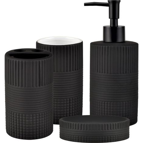 Ensemble d'accessoires de salle de bain noir mat, ensemble de 4 pièces en céramique gaufrée pour salle de bain, porte-brosse à dents, distributeur de savon, porte-savon, gobelet à dents, décoration de (1/5)