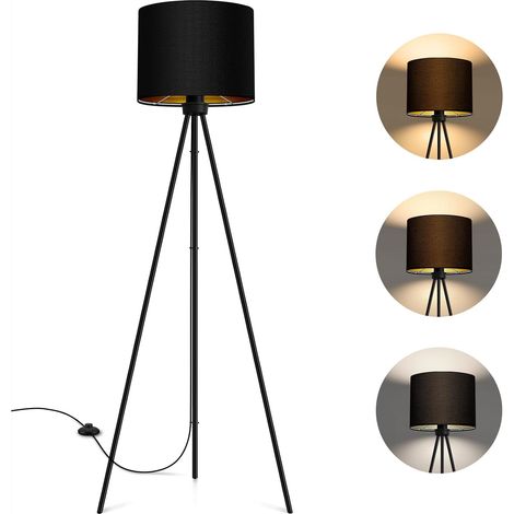 Lampadaire LED Dimmable Avec 3 Températures de Couleur, Ampoule E27, Trépied en Métal, Pour Salon, Chambre, Bureau - Noir et Doré