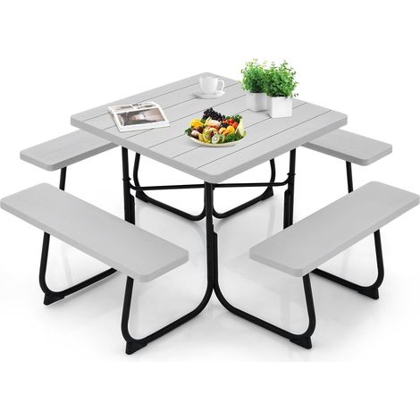 GOPLUS Table de Pique-Nique avec 4 Bancs Intégrés pour 4 à 8 Personnes, Table de Jadin en HDPE avec Trou pour Parasol, Table de Camping Carrée en Plein Air, Cadre en Métal, Capacité de 225KG (Gris) (1/5)