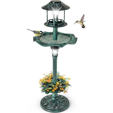 COSTWAY Solar Outdoor Bird Bath Antique Lighted Birdbath & Feeder Combo Decoration (1/5)