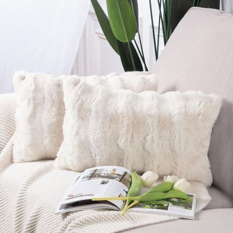 Set of 2 soft, plush, short wool fleece decorative cushion covers in luxury style for sofa and bedroom, cream white, 30 x 50 cm (1/5)