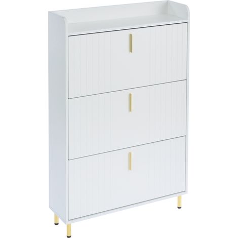 Scarpiera slim a 3 ante in MDF bianco con piedini e maniglie dorati, 80 x 23 x 123,5 cm (1/5)