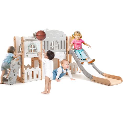 Toboggan tout-petits avec panier basket - ensemble grimpeur 1-3 ans - jouet intérieur rangement 48,5×57×88,5 cm