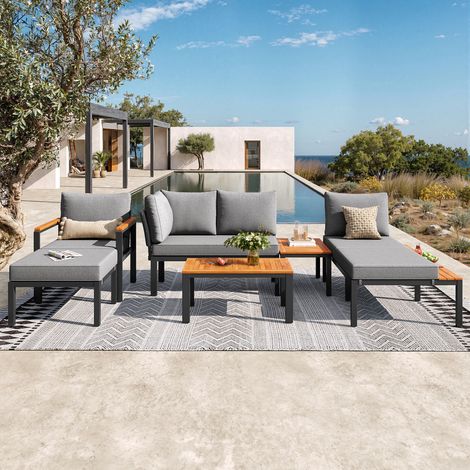 Ensemble de jardin modulable gris, structure métallique solide, coussins aérés, table bois, idéal pour terrasse, balcon ou piscine