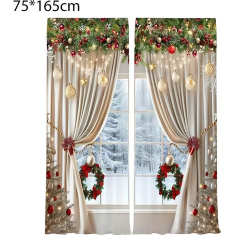 Rideau De Noel - Imprimé Festif Boule De Noel Et Branches De Sapin - Polyester - Pour Chambre Salon - 70x100 cm 75x165 cm Ou 100x220 cm - Lot De 2 (1/5)
