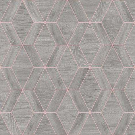 Geometric Diamond Grey Wood Effect Metallic Copper Feature Wallpaper Paste Wall (1/2)