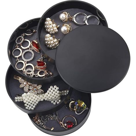 MINKUROW Runde Schmuckschatulle, Turm-Kosmetik-Organizer, 4-stöckige drehbare Schmuckschatulle, Schmuckaufbewahrung für Ringe, Ohrringe, Halskette, Geburtstagsgeschenk für Mädchen, Frauen, Schwarz (1/5)