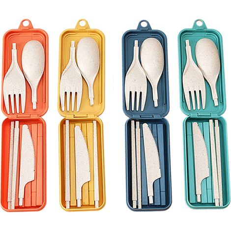 Couverts En Paille De Blé - Ensemble Reutilisable De 4 Pièces (Baguettes Cuillère Fourchette Couteau) Avec Étui De Transport - 4 Unités (1/5)