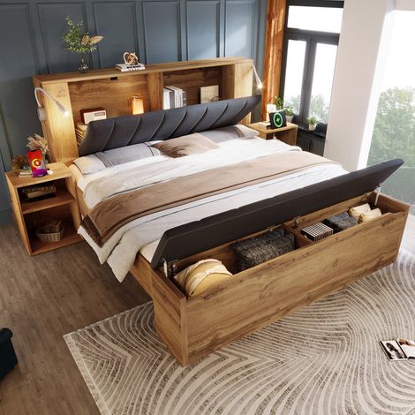 Lit 160x200 cm en bois avec tête de lit pliable en lin, rangements, 2 tables de nuit, Lit Coffre avec banc de lit, lampes de lecture USB, sans matelas (1/5)