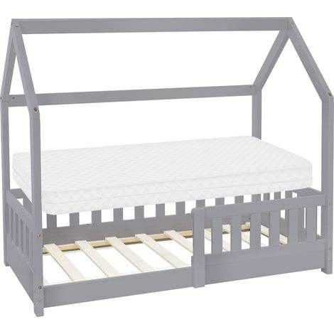 ML-Design Kinderbett 70x140 cm Hellgrau mit Matratze, Rausfallschutz, Dach & Lattenrost, Hausbett für Mädchen und Jungen, Bettenhaus aus Kiefernholz, Spielbett Bodenbett Jugendbett Kinderhaus Holzbett
