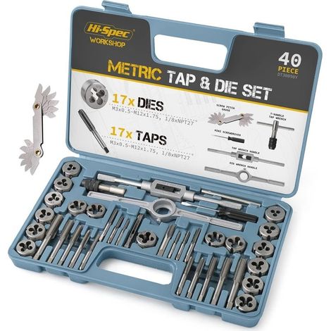 40-Piece Tap and Die Set M3-M12, Fine and Coarse Thread, GCr15 Alloy Steel, Carrying Case - Tapping and Threading Kit (1/5)