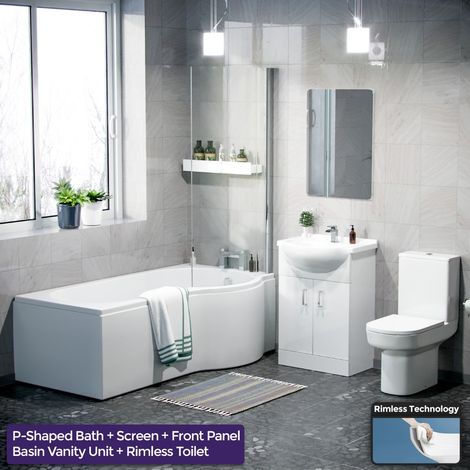 Warton P-Shaped Right Handed Bath, 550mm Vanity Basin Unit, WC Unit and Rimless Toilet Suite White (1/5)