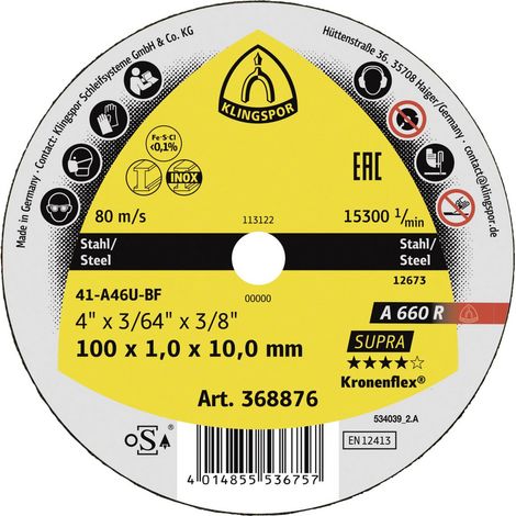 Klingspor A 660 R Supra 368876 Disque à tronçonner 100 mm 25 pc(s) acier, acier inoxydable