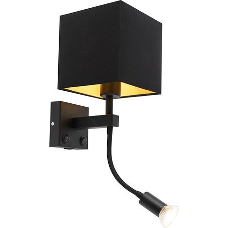 Applique murale moderne noire avec USB – Abat-jour carré doré – Liseuse flexible GU10 – Éclairage intérieur – Salon, chambre (1/5)